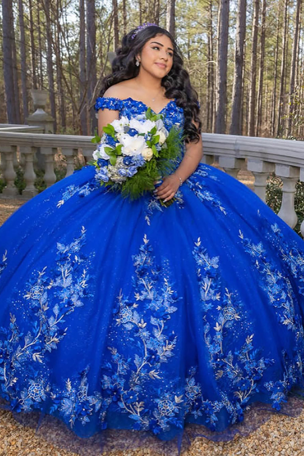 Off The Shoulder Royal Blue Floral Appliques Tulle Quinceanera Dress