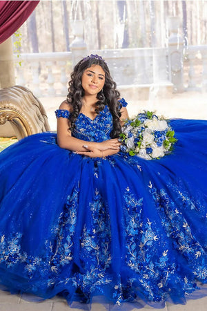 Off The Shoulder Royal Blue Floral Appliques Tulle Quinceanera Dress