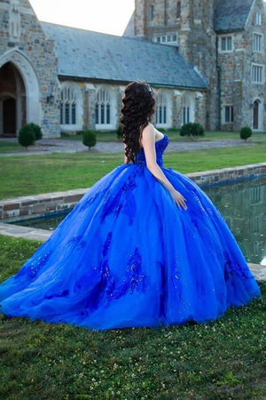 Strapless Appliques Sparkly Beads Royal Blue Tulle Quinceanera Dress