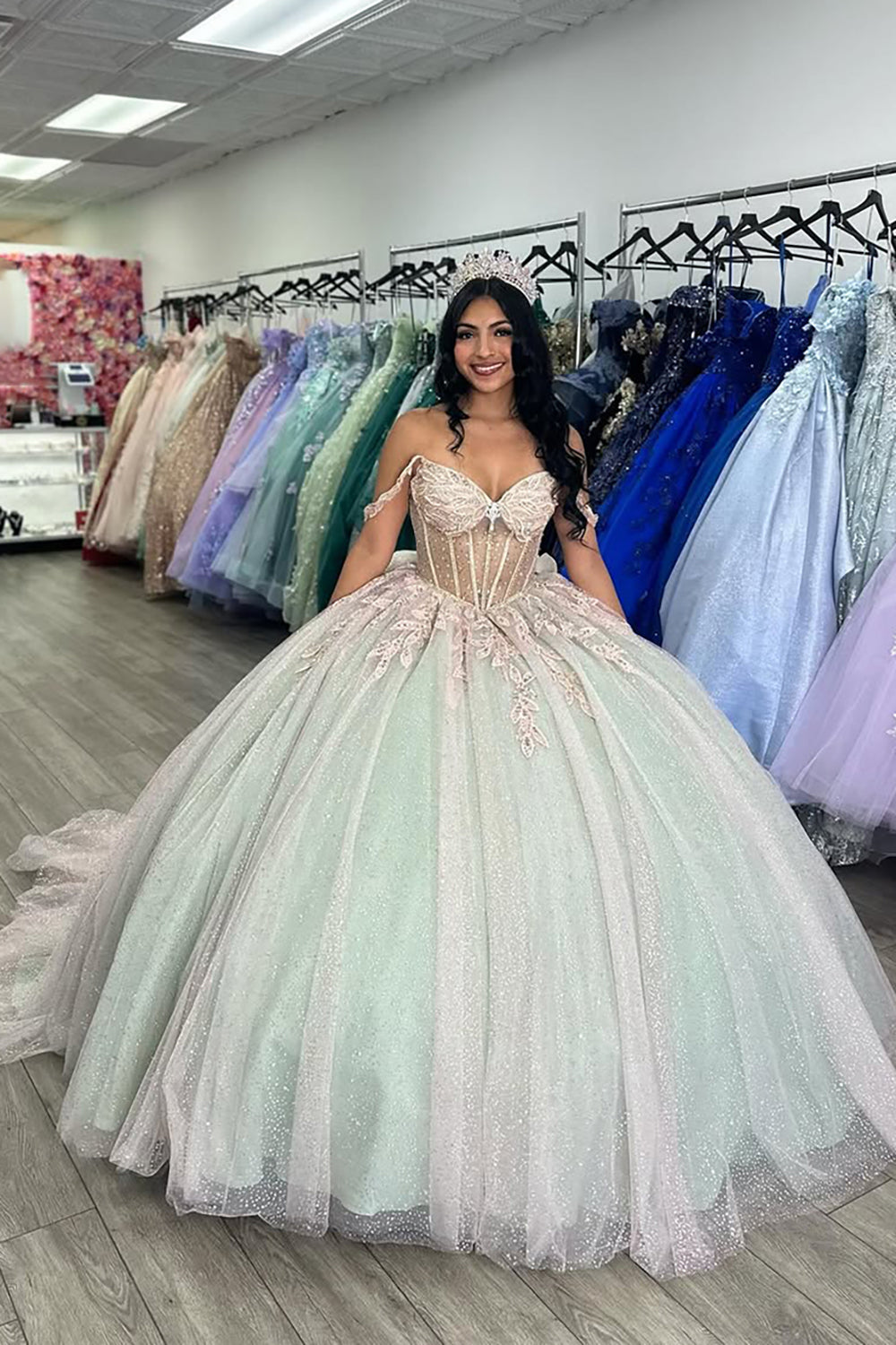 Sparkly Tulle Corset Sage Appliques Off The Shoulder Quinceanera Dress with Bow