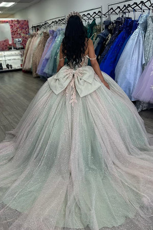 Sparkly Tulle Corset Sage Appliques Off The Shoulder Quinceanera Dress with Bow