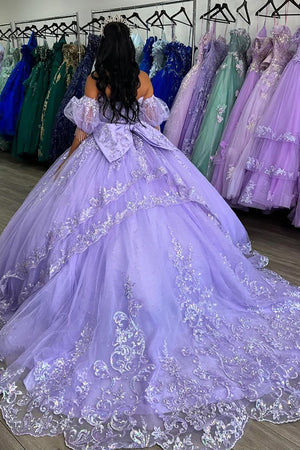 Sparkly Sequins Tulle Lilac Corset Appliques Off The Shoulder Quinceanera Dress with Bow