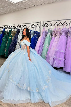 Sky Blue Appliques Corset Bow Tulle Off The Shoulder Quinceanera Dress