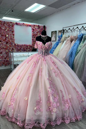 Floral Pink Appliques Corset Tulle Off The Shoulder Quinceanera Dress