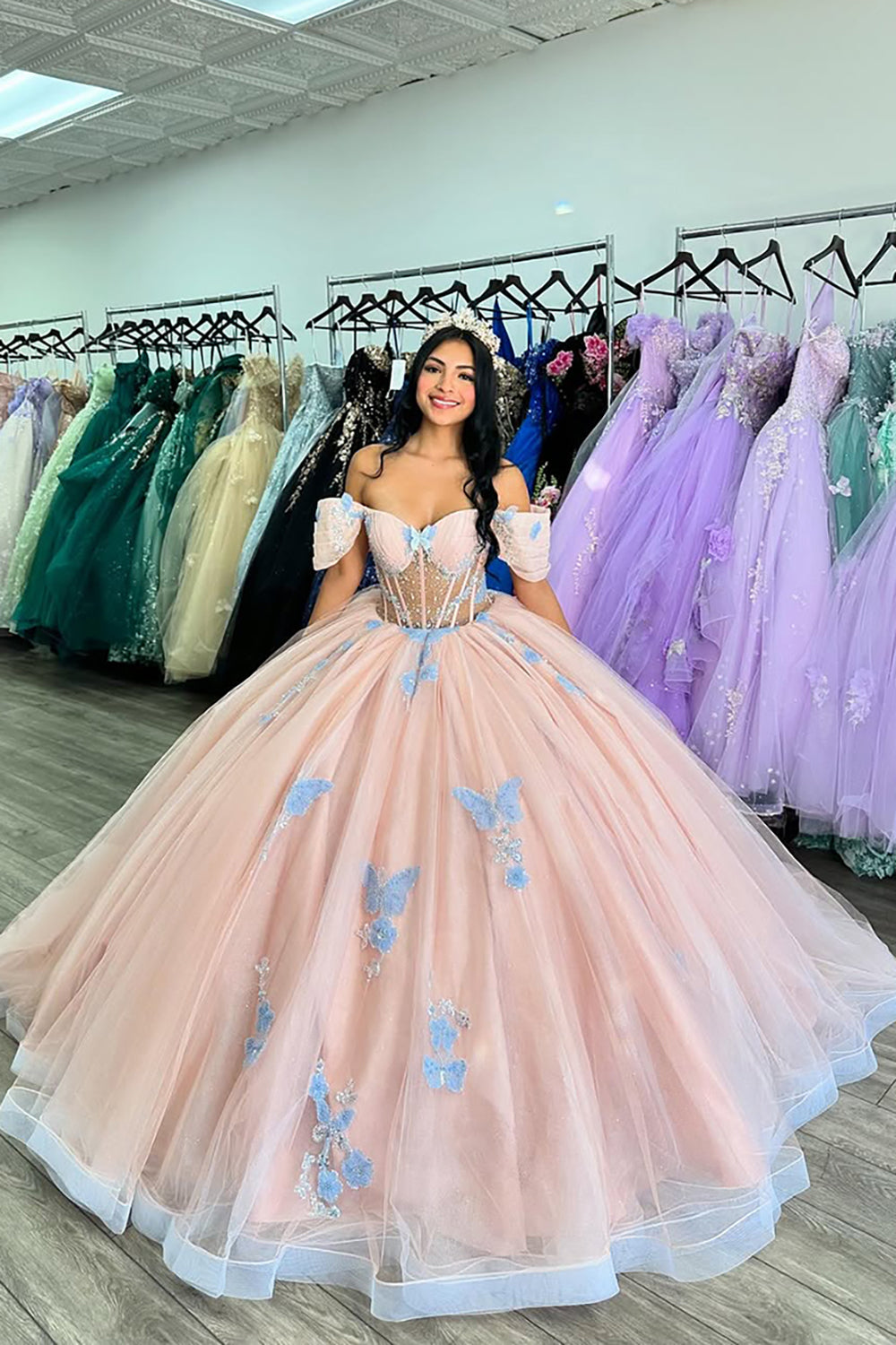 Off The Shoulder Pink Butterfly Appliques Corset Tulle Quinceanera Dress