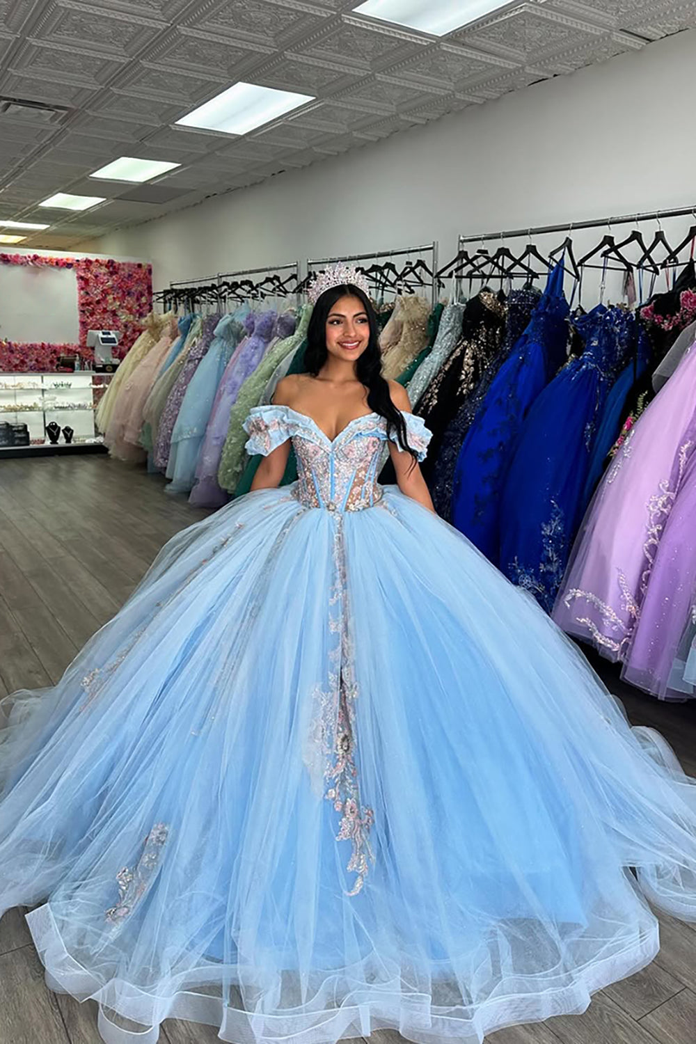 Tulle Appliques Sparkly Blue Ruffled Off the Shoulder Quinceanera Dress