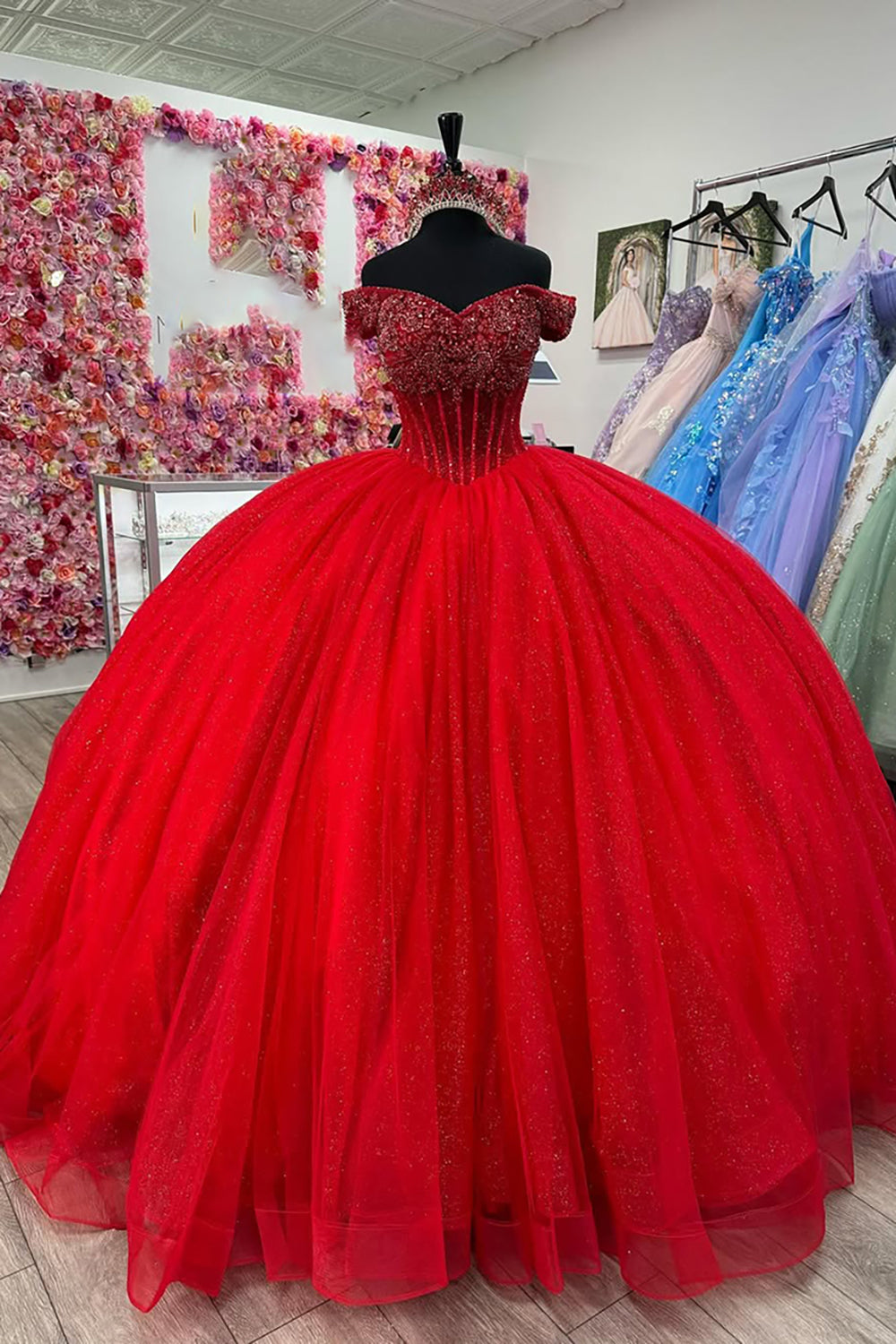 Sparkly Beads Red Tulle Appliques Off the Shoulder Quinceanera Dress