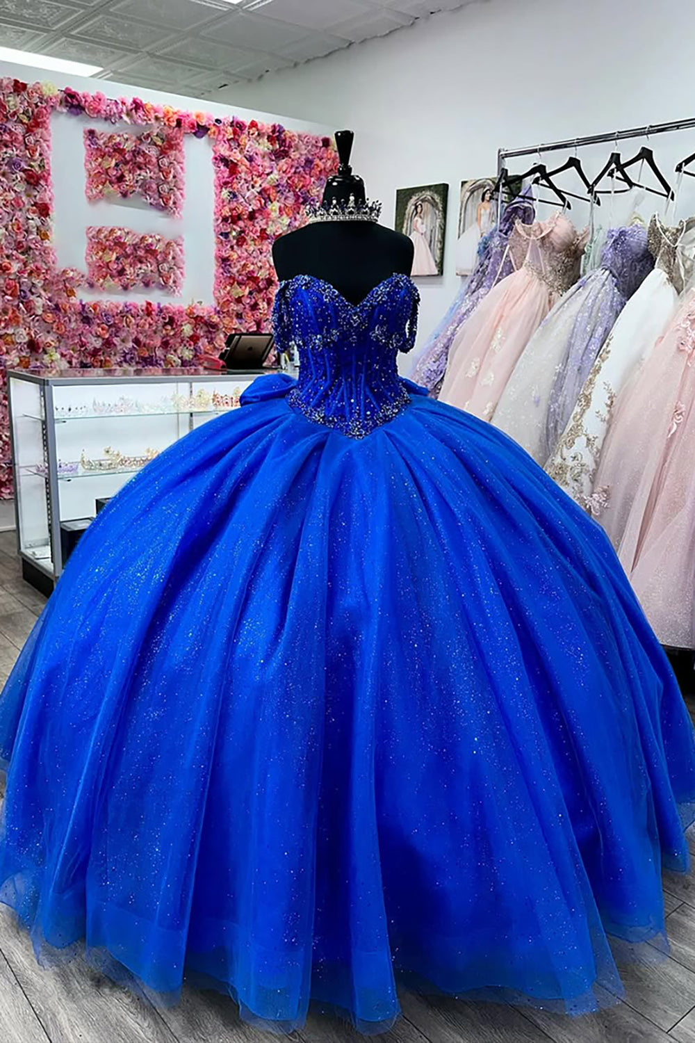 Sparkly Beads Royal Blue Corset Tulle Appliques Off the Shoulder Quinceanera Dress