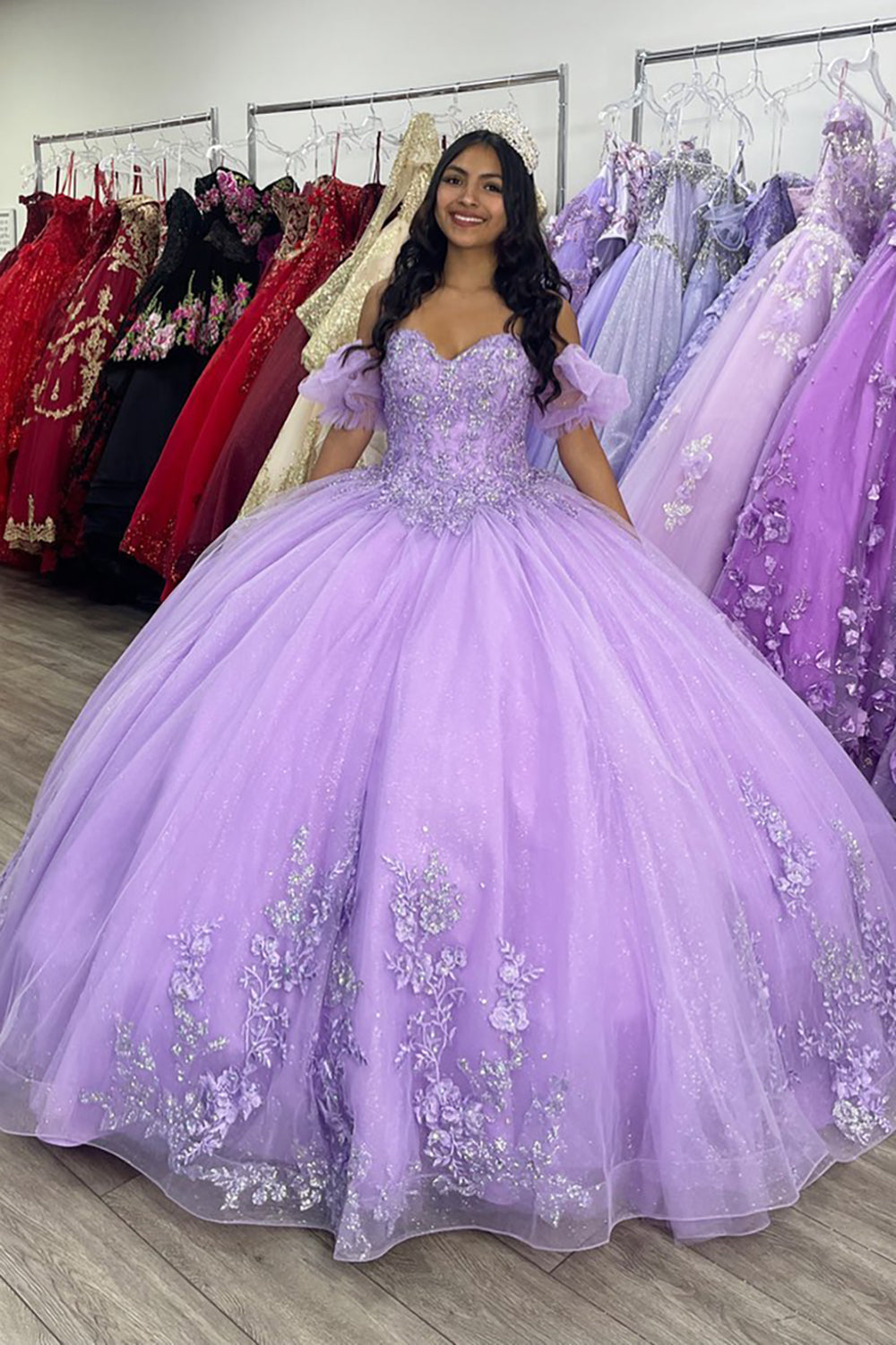 Sparkly Ball Gown Lilac Off the Shoulder Sequins Appliques Tulle Quinceanera Dress