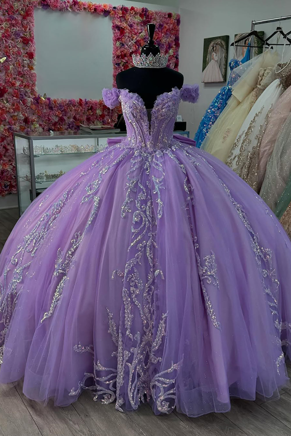 Appliques Sparkly Purple Off the Shoulder Corset Tulle Quinceanera Dress