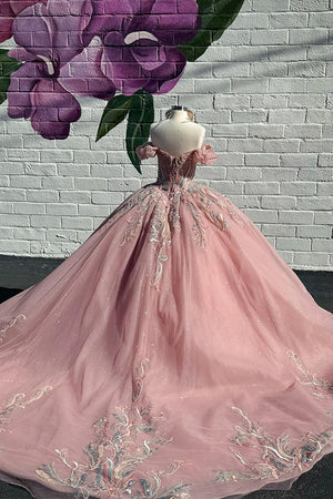 Sparkly Embroidery Grey Pink Off the Shoulder Beaded Tulle Quinceanera Dress