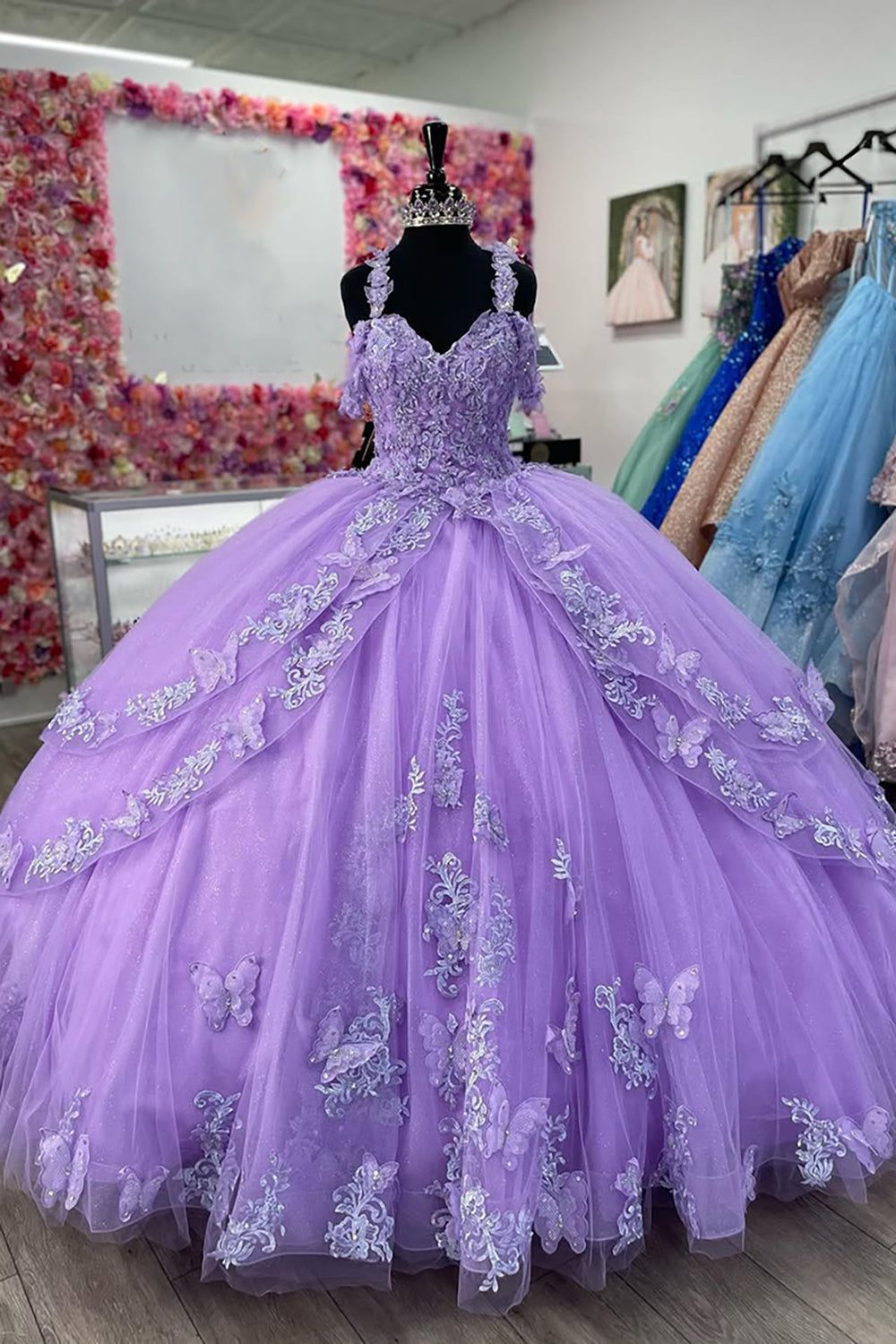 Cold Shoulder Sparkly Purple Sequins Appliques Tulle Quinceanera Dress