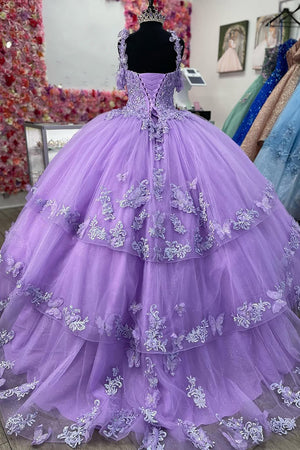 Cold Shoulder Sparkly Purple Sequins Appliques Tulle Quinceanera Dress