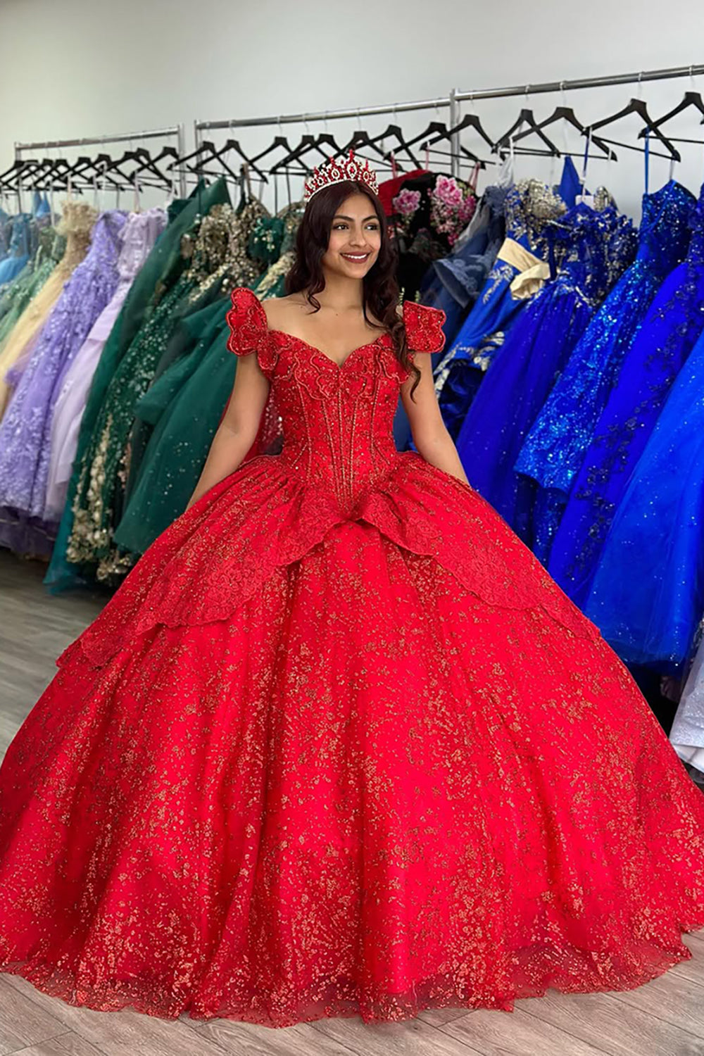 Sparkly Red Appliques Beads Off the Shoulder Tulle Quinceanera Dress