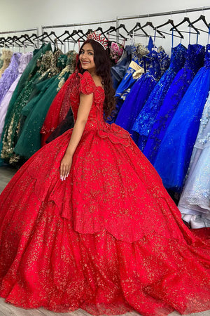 Sparkly Red Appliques Beads Off the Shoulder Tulle Quinceanera Dress