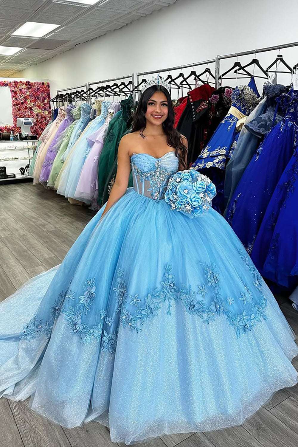 Strapless Sparkly Blue Appliques Beaded Tulle Quinceanera Dress