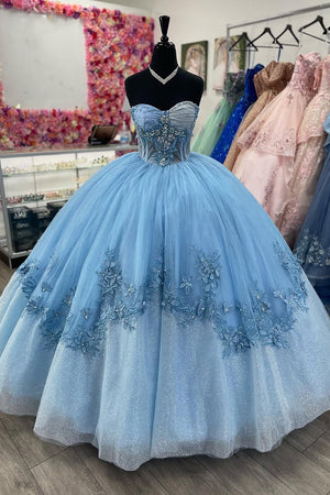 Strapless Sparkly Blue Appliques Beaded Tulle Quinceanera Dress