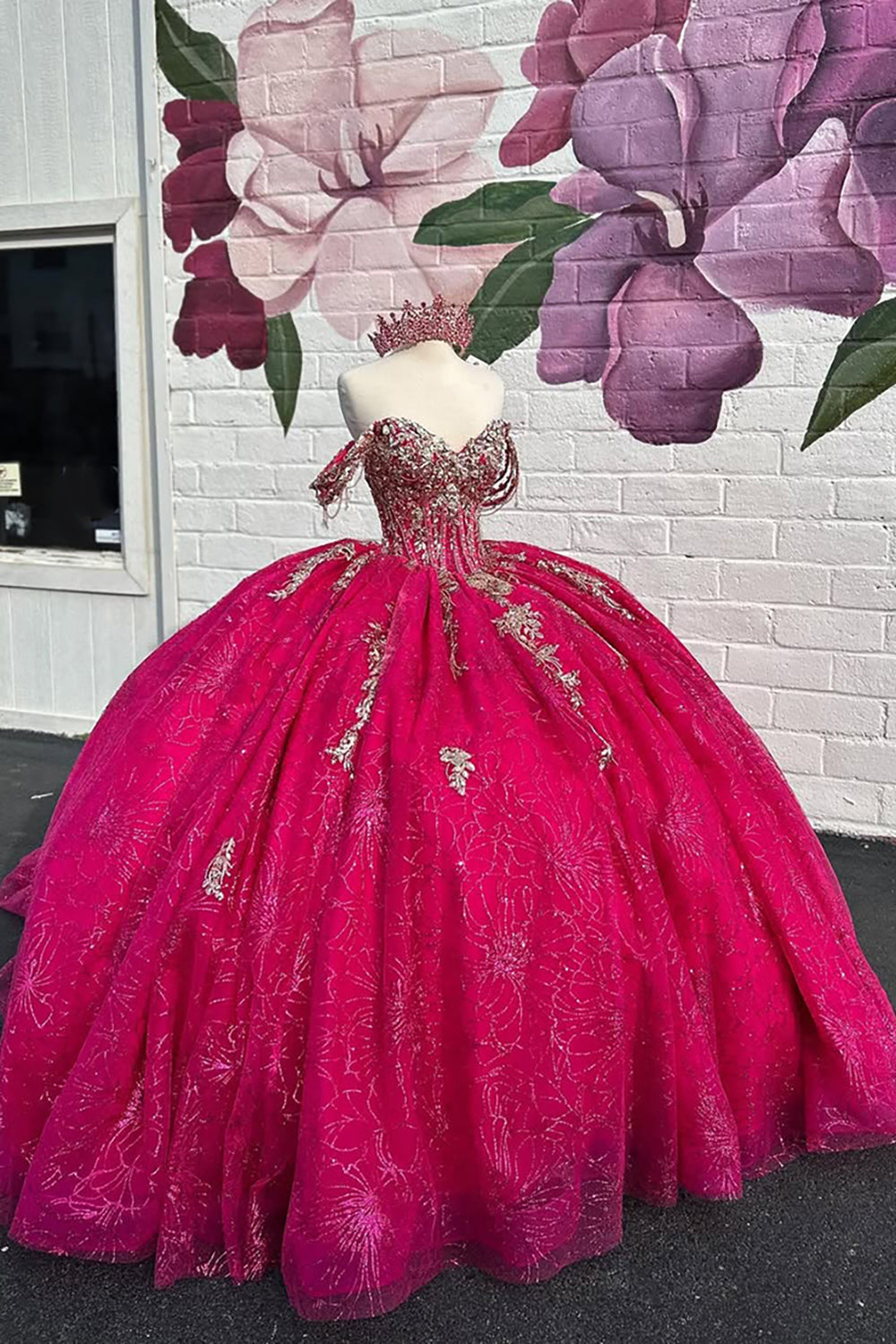 Sparkly Fuchsia Off the Shoulder Rhinestones Tulle Quinceanera Dress