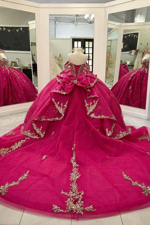 Sparkly Fuchsia Off the Shoulder Rhinestones Tulle Quinceanera Dress