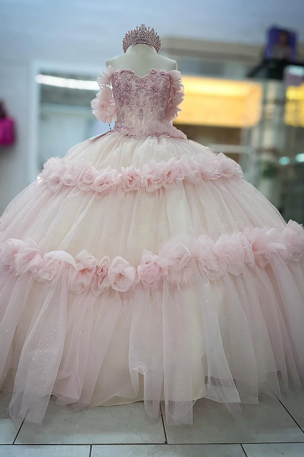 3D Floral Sparkly Pink Corset Off the Shoulder Tulle Quinceanera Dress