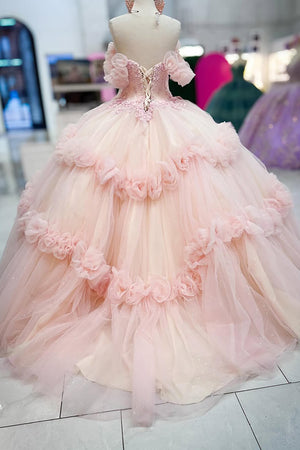 3D Floral Sparkly Pink Corset Off the Shoulder Tulle Quinceanera Dress