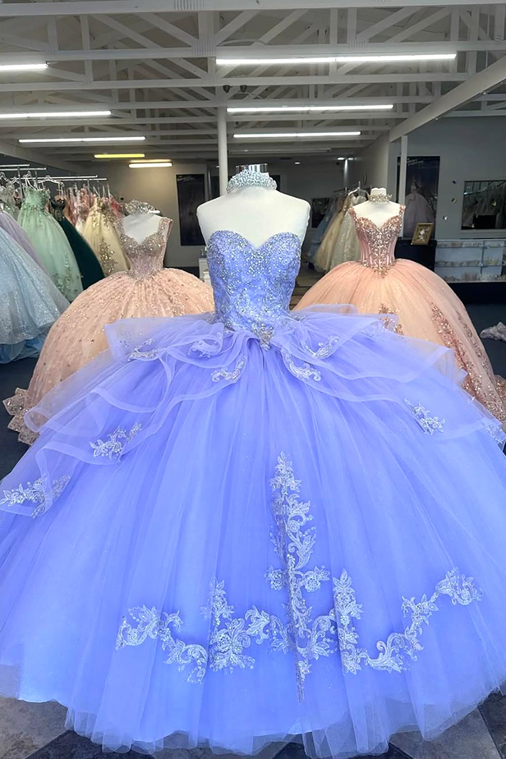 Ruffles Sparkly Blue Strapless Tulle Quinceanera Dress with Appliques