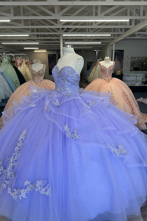 Ruffles Sparkly Blue Strapless Tulle Quinceanera Dress with Appliques