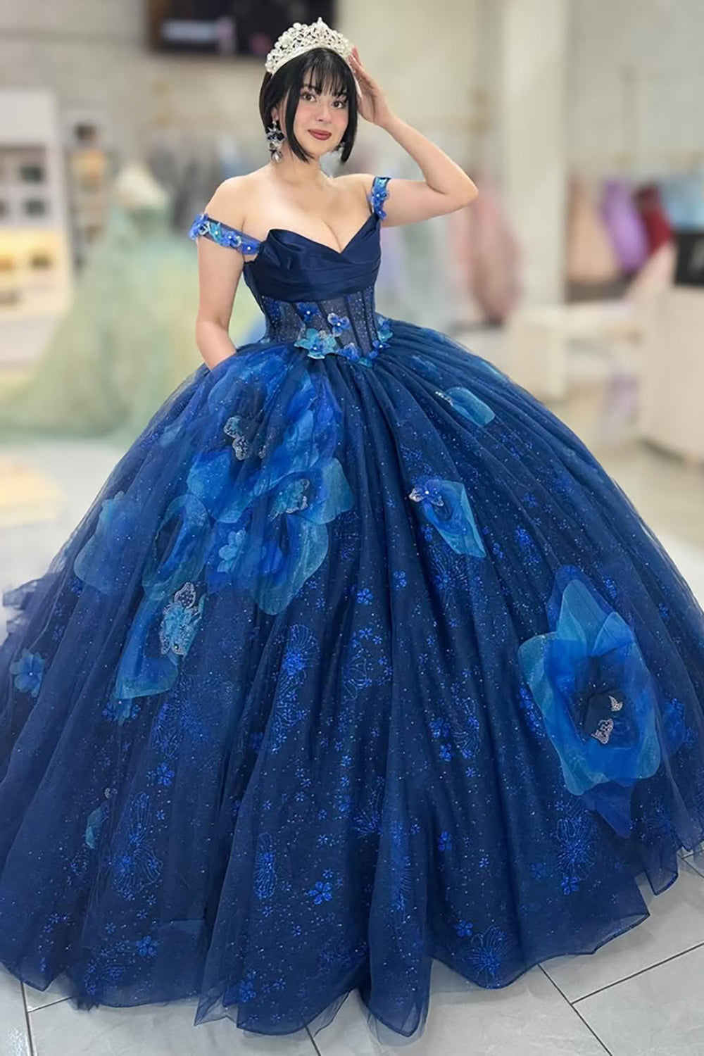 Printed Flower Sparkly Navy Corset Off the Shoulder Tulle Quinceanera Dress