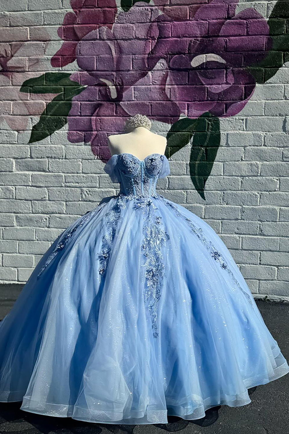 Sparkly Blue Off the Shoulder Appliques Tulle Quinceanera Dress with Bow