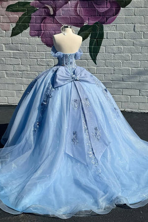 Sparkly Blue Off the Shoulder Appliques Tulle Quinceanera Dress with Bow