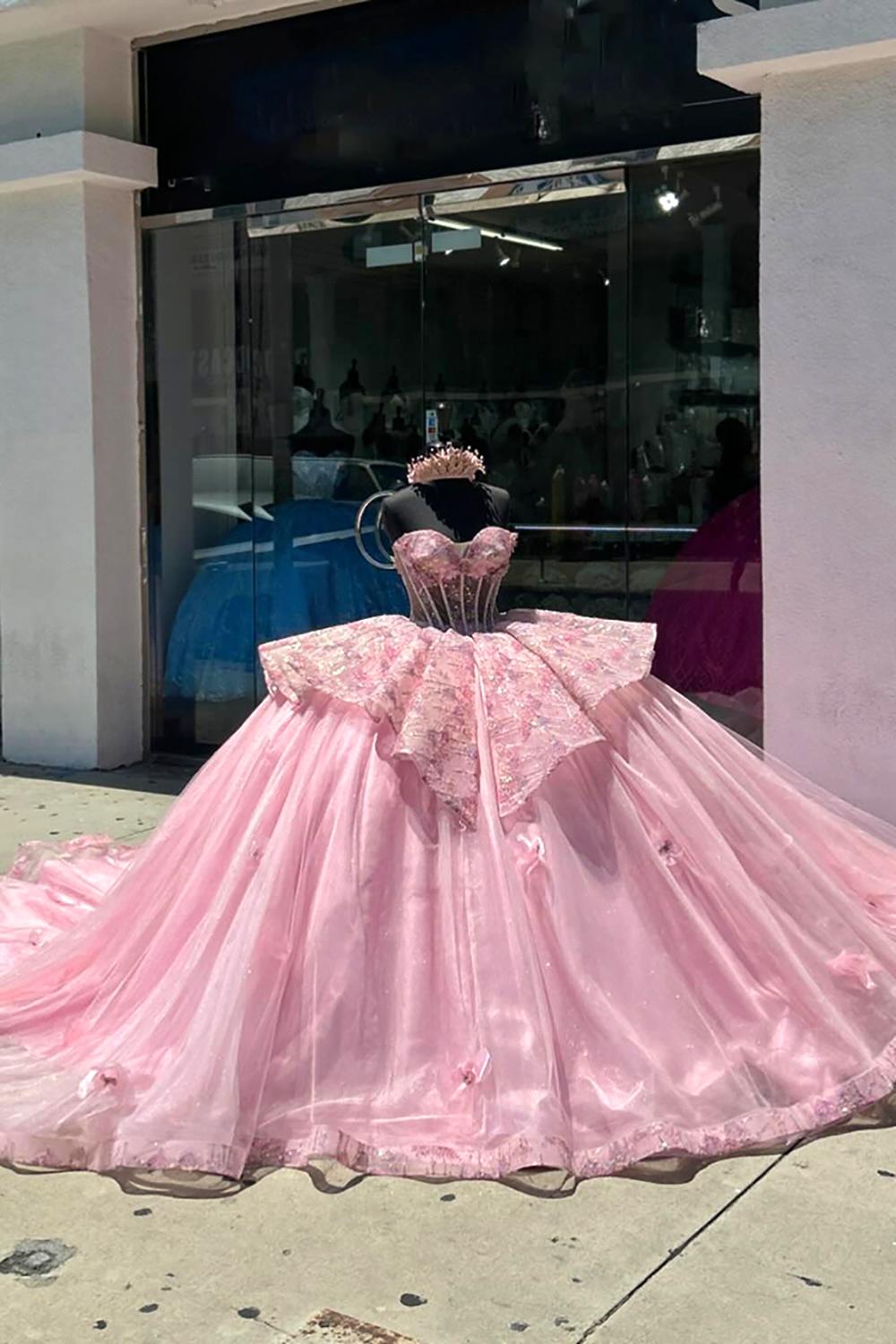 Sparkly Pink Corset Strapless Ruffle BeadedTulle Quinceanera Dress