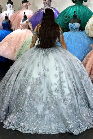 Tassels Off the Shoulder Sparkly Grey Blue Appliques Tulle Quinceanera Dress