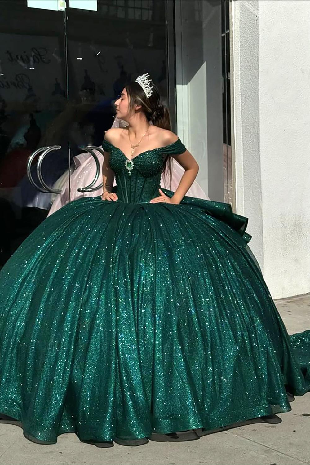 Sparkly Beads Dark Green Off the Shoulder Ruffles Quinceanera Dress