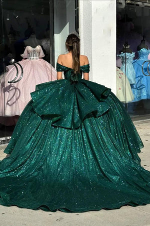 Sparkly Beads Dark Green Off the Shoulder Ruffles Quinceanera Dress