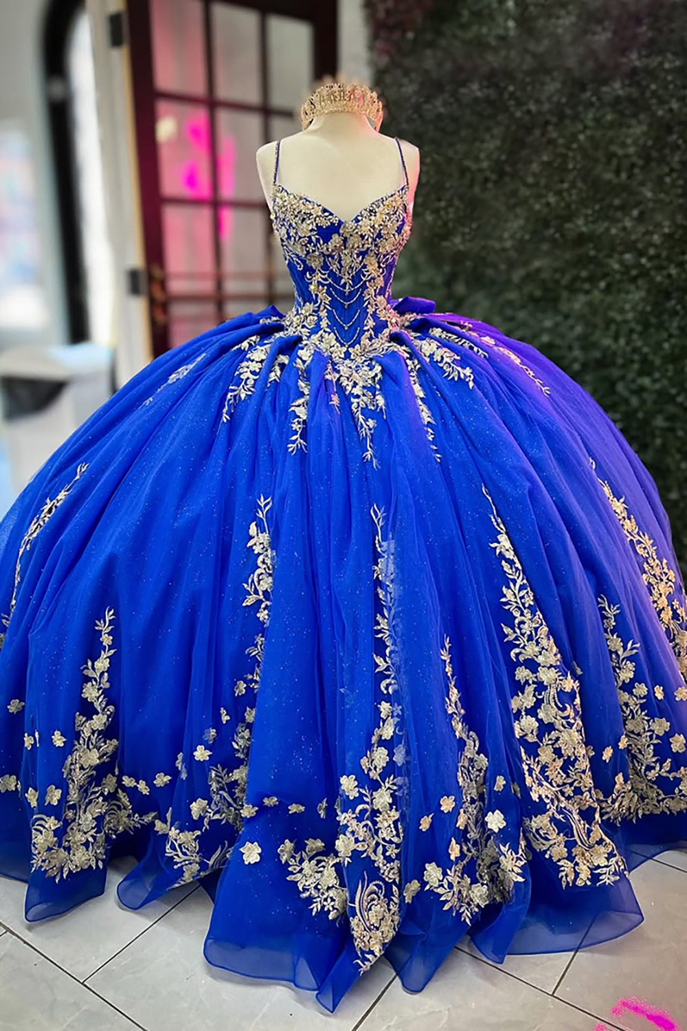 Sparkly Royal Blue Spaghetti Straps Appliques Tulle Quinceanera Dress with Bow