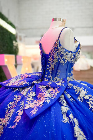 Sparkly Royal Blue Spaghetti Straps Appliques Tulle Quinceanera Dress with Bow