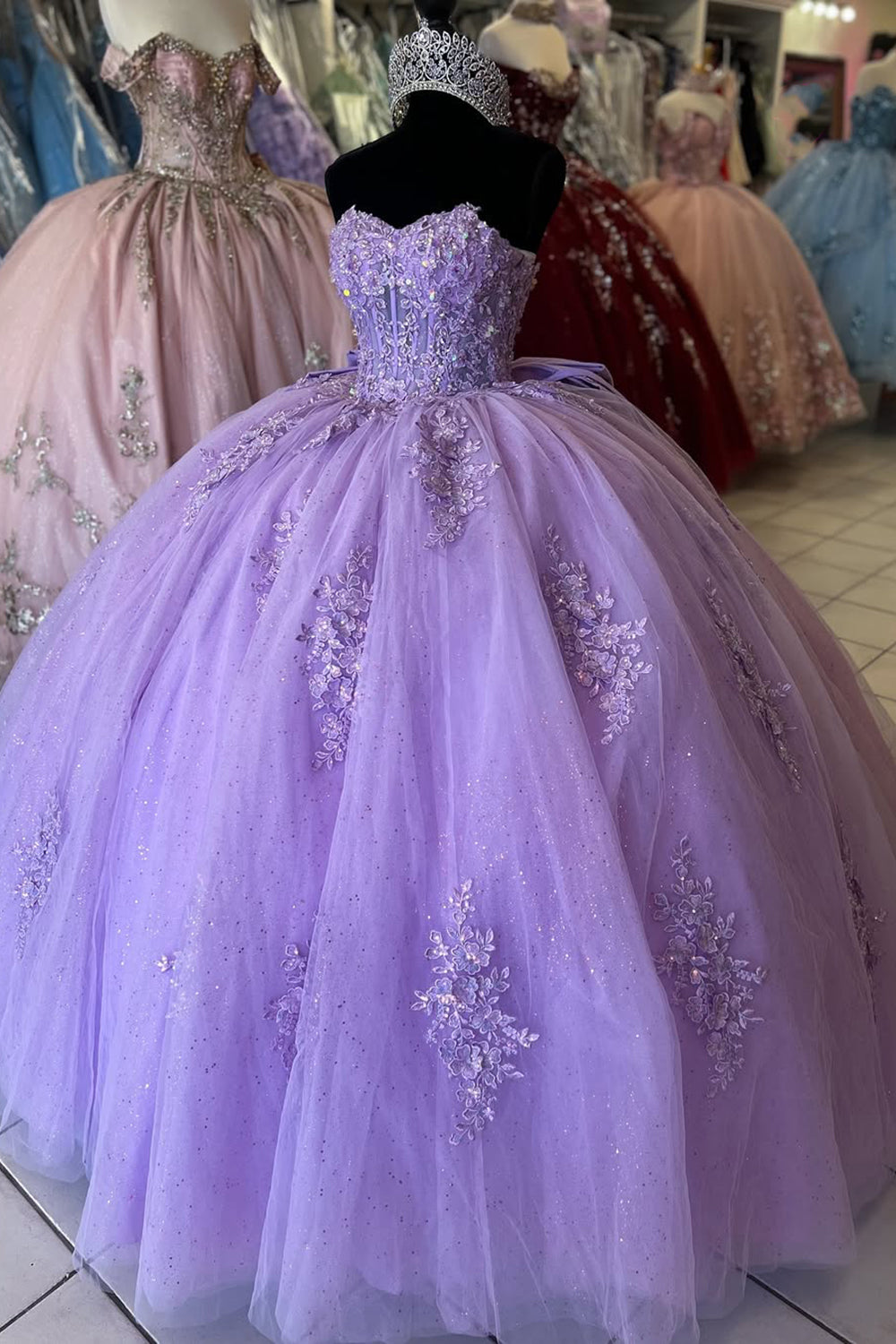 Sparkly Tulle Sequins Purple Appliques Corset Strapless Quinceanera Dress