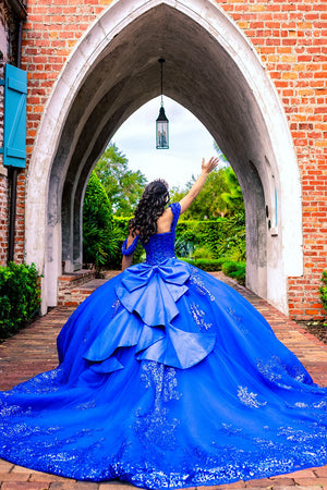 Royal Blue Off the Shoulder Corset Appliques Quinceanera Dress with Bow