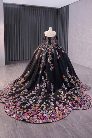 Floral Appliques Black Off the Shoulder Corset Long Quinceanera Dress