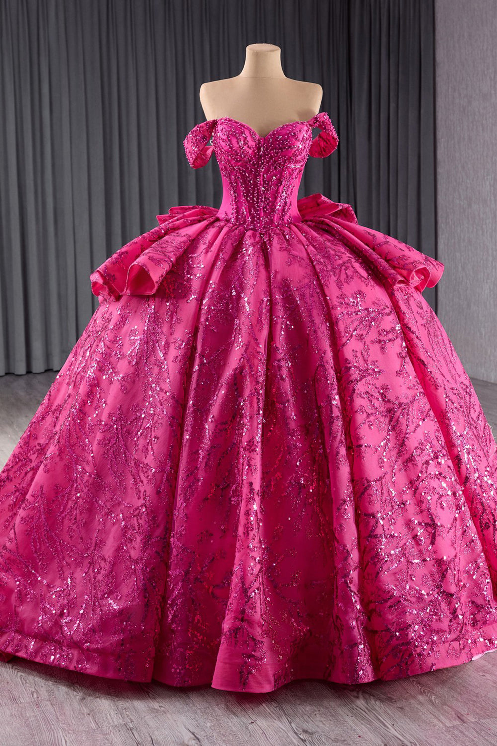 Sparkly Fuchsia Appliques Off the Shoulder Corset Bow Quinceanera Dress