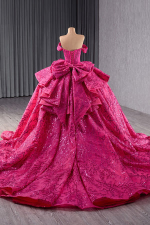 Sparkly Fuchsia Appliques Off the Shoulder Corset Bow Quinceanera Dress