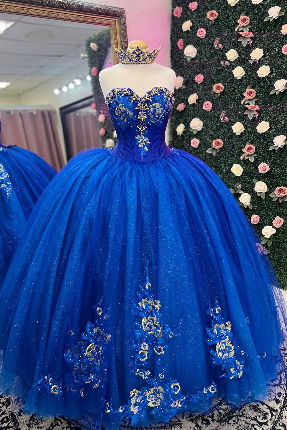 Sparkly Royal Blue 3D Floral Appliques Strapless Corset Tulle Quinceanera Dress