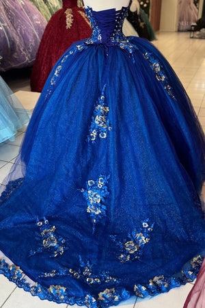 Sparkly Royal Blue 3D Floral Appliques Strapless Corset Tulle Quinceanera Dress