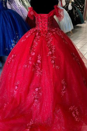 Red Tulle Corset Appliques Off the Shoulder Quinceanera Dress with Beads