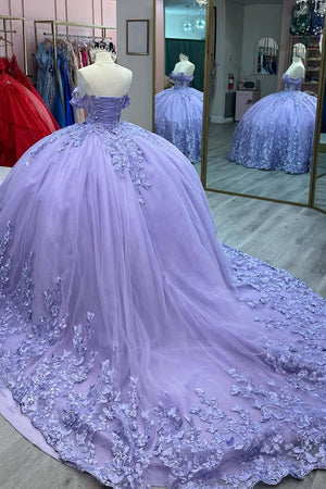 Lilac Corset Appliques Off the Shoulder Tulle Quinceanera Dress