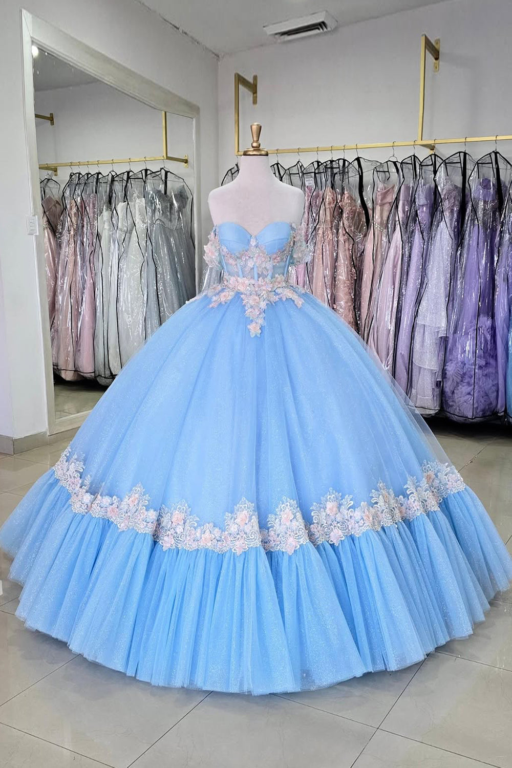 Sparkly Blue Corset Appliques Off the Shoulder Tulle Quinceanera Dress