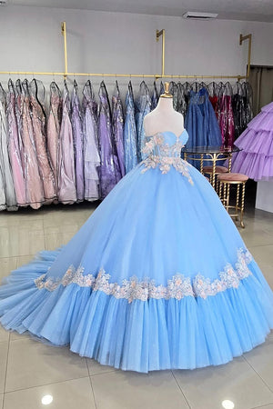 Sparkly Blue Corset Appliques Off the Shoulder Tulle Quinceanera Dress