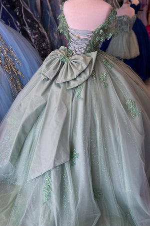 Tulle Sparkly Grey Green Corset Appliques Beads Off the Shoulder Quinceanera Dress