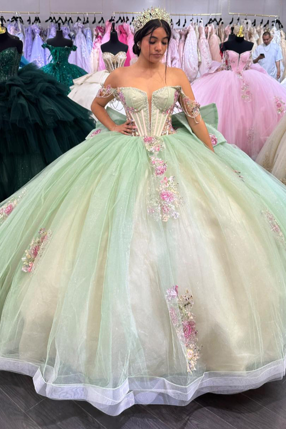 Light Green Tulle Appliques Corset Off the Shoulder Quinceanera Dress