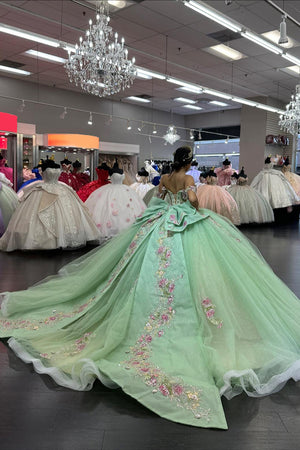 Light Green Tulle Appliques Corset Off the Shoulder Quinceanera Dress